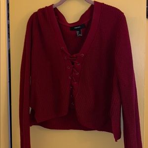 Wine Red Knit Cable Cropped Sweater